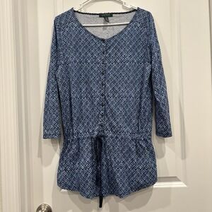 Lauren Ralph Lauren Blouse Womens XL Blue 1/2 Button Drawstring Waist 3/4 Sleeve